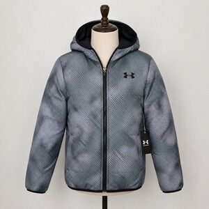 Under Armour Kids Reversible Puffer Jacket Black Grey Stripe Hooded YMD NEW